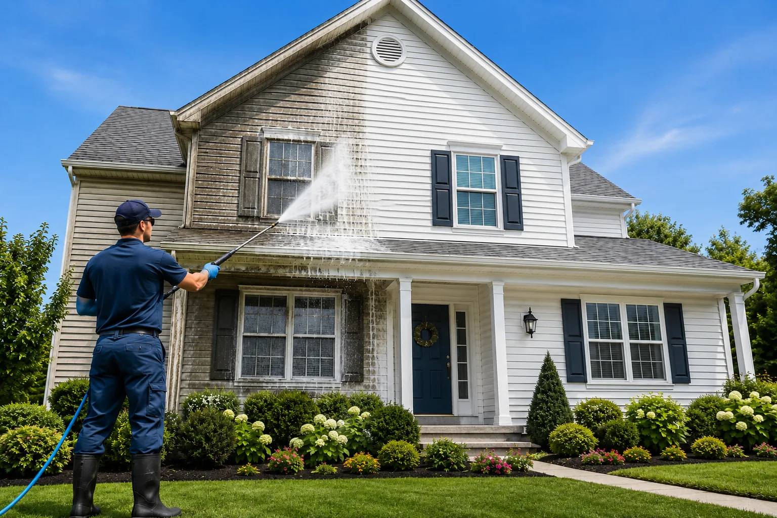 Clean Minneapolis suburban home exterior after a soft-wash, taken from the driveway approach