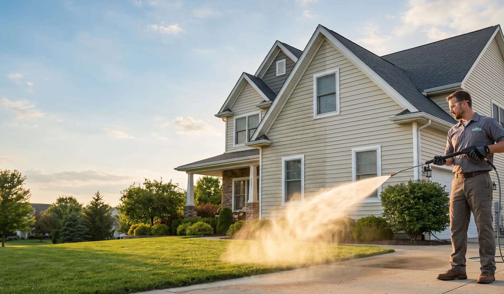 Soft-wash technician cleaning a two-storey home exterior at golden hour in a Minneapolis neighbourhood