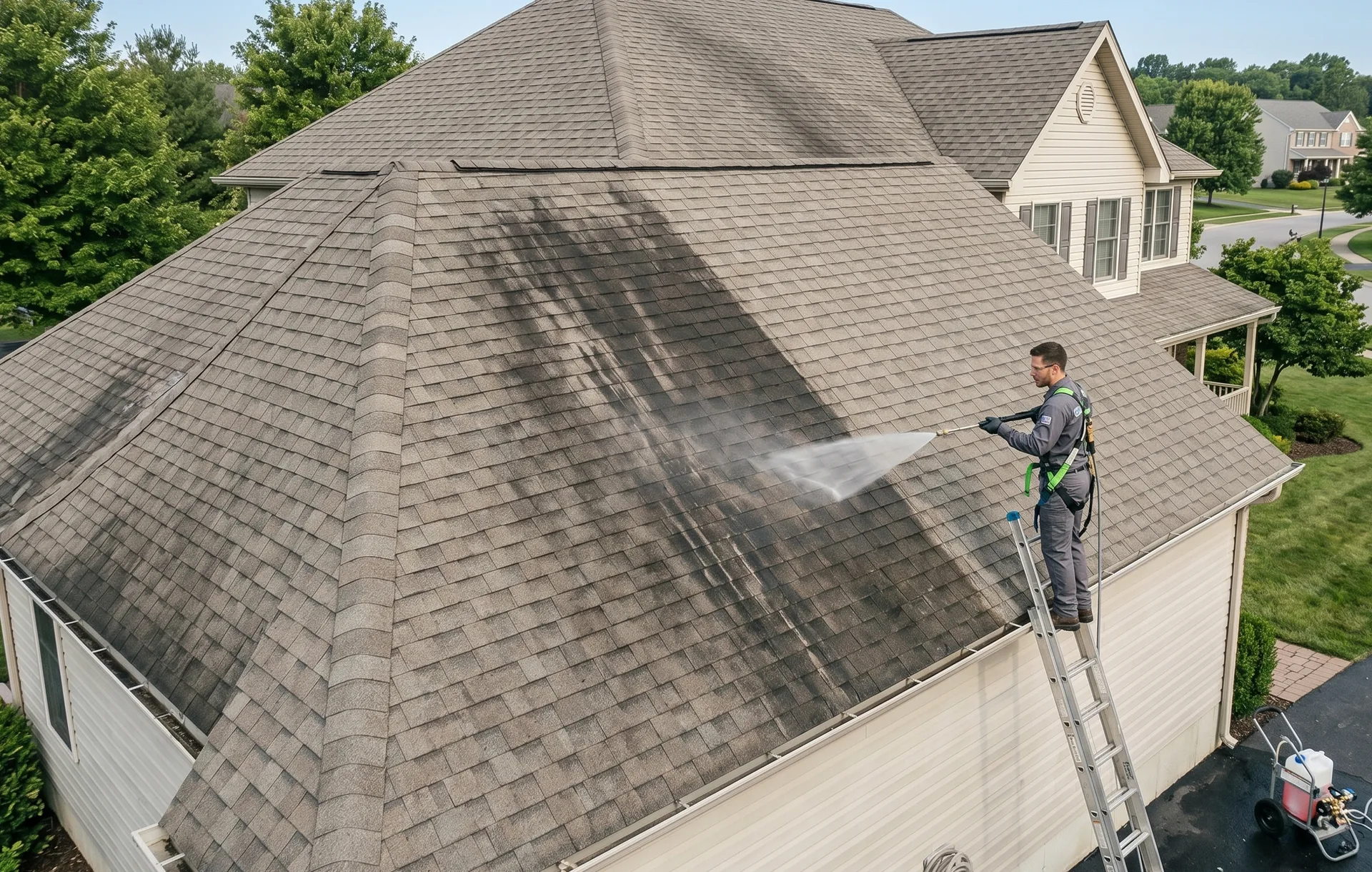 Minneapolis chimney being cleaned with ARMA-compliant no-walk method from extension wand