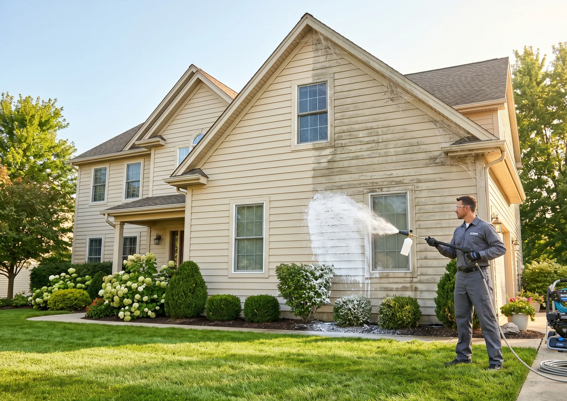 Minneapolis Power Washing Minneapolis crew completing stucco soft-wash with bottom-up rinse