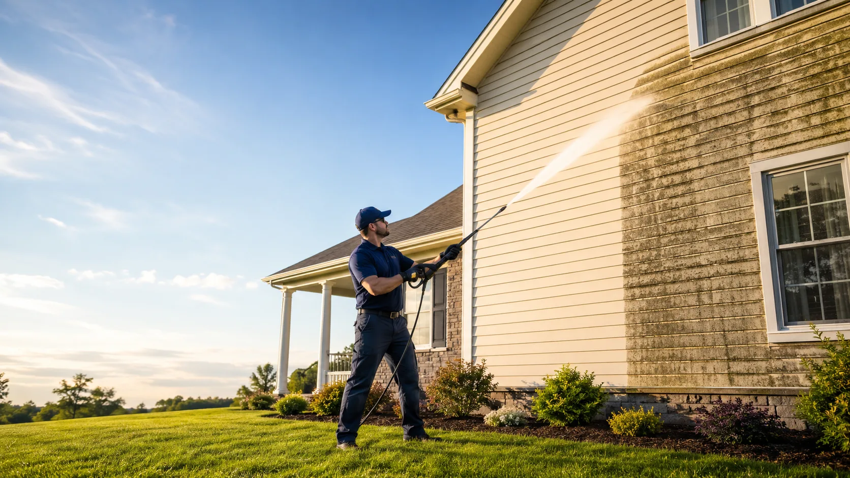 Minneapolis technician soft-washing the upper storey of a vinyl-siding home with a low-pressure surfactant rig