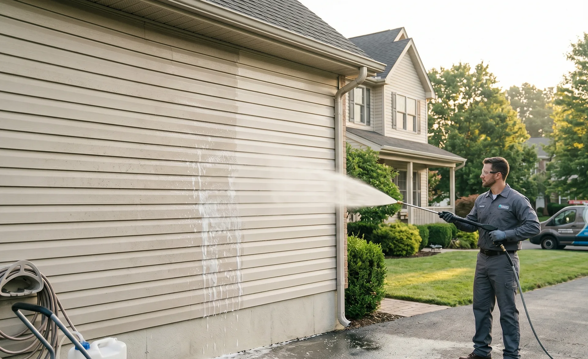 Close-up of soft-wash chemistry being applied to delicate vinyl siding in Minneapolis